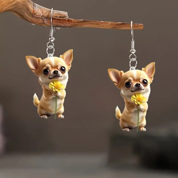 Chihuahua Earrings 2D Acrylic 1 1/2 Inch Dangle Dog with Flower - Picture 1 of 7